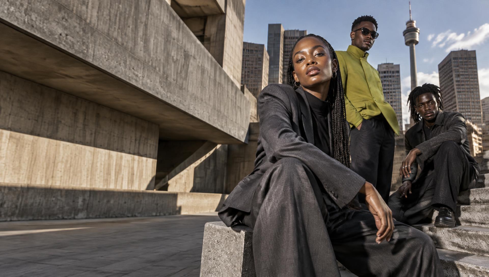 Confident urban creatives in tailored streetwear against Johannesburg architecture